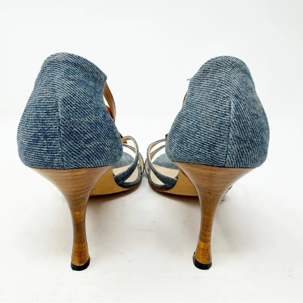 Manolo Blahnik Denim Strappy Sandals Heels Womens Size EU 38.5